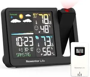Projection Alarm Clock, Projection Clock for Bedroom Ceiling, Projector Clock with Weather Station, Indoor Outdoor Temperature Humidity Monitor, Forecast, Adjustable Backlight, Black,No Atomic