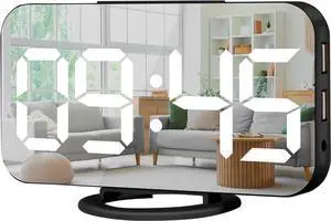 Digital Alarm Clock,Large Display LED and Mirror Desk Clock with Dual USB Charger Ports, 3 Levels Brightness,12/24H Alarm Clocks, Modern Electronic Clock for Bedroom Living Room Office-Black