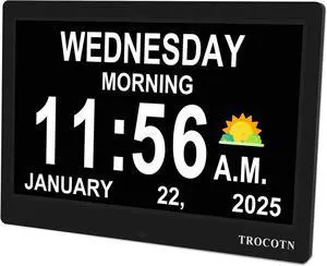 TROCOTN Dementia Clocks, Large Display Calendar Alarm Clock with Auto DST for Seniors, 5 Display Modes Large Font Digital Clock with Custom Alarms Day Date Clocks. (10 Inch Black)
