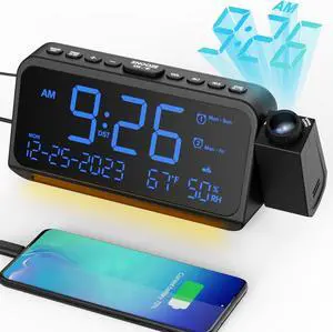 Projection Alarm Clock for Bedroom Ceiling, Digital Clock Projector with Weekday/Weekend Mode, Date, Temperature, Humidity, Type-C USB Charger, Snooze, Dual Alarms, Dimmer,12/24H