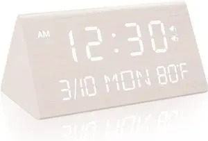 Kogonee Wooden Digital Alarm Clock, 0-100% Dimmer, 2 Alarm Settings, Weekday/Everyday Mode, 9 Mins Snooze, 12/24H, Temperature and Date Display for Office, Travel, Bedroom Alarm Clock (White)