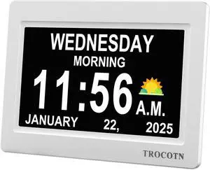 TROCOTN Dementia Clocks, Large Display Calendar Alarm Clock with Auto DST for Seniors, 5 Display Modes Large Font Digital Clock with Custom Alarms Day Date Clocks. (7 Inch White)