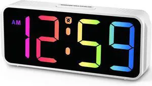 Peakeep Small Digital Alarm Clock Plug in for Kids Bedroom Bedside Nightstand, 8 RGB Colors Large Display Dimmable 6 Brightness, Corded Electric Battery Backup (White - RGB)