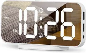 Digital Alarm Clock for Bedroom,6.7" LED Clock Mirror Surface with 2 USB Charger Port,Adjustable Brightness,Dual Alarm,Snooze,12/24H,Large Display Clock for Room Decor(White)
