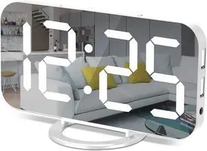 Digital Alarm Clock,7" LED Mirror Electronic Clocks,with 2 USB Charging Ports,Snooze Mode,Auto Adjust Brightness,Modern Desk Wall Clocks for Bedrooms Living Room Office - White