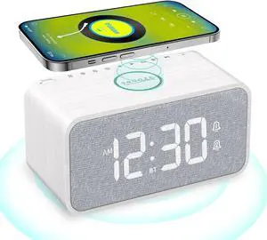 ANJANK Wooden Alarm Clock Radio with Bluetooth Speaker, Wireless Charging Station for iPhone/Samsung, Dual Alarms, Auto-sync Time, 0-100% Dimmer, Digital Clock for Bedrooms Bedside Desk ANJANK Wooden Alarm Clock Radio with Bluetooth Speaker, Wireless Charging Station for iPhone/Samsung, Dual Alarms, Auto-sync Time, 0-100% Dimmer, Digital Clock for Bedrooms Bedside Desk