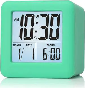 Plumeet Digital Alarm Clock Kids Clock with Snooze and White Nightlight - Easy Setting Travel Alarm Clocks Display Time, Date, Alarm - Ascending Sound - Battery Powered (Cyan)