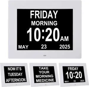 TMC 8 Inch Digital Dementia Clock for Seniors, Large Calendar with Day Date & Week Display, 5 Alarms + 3 Medicine Reminders, Plays SD Card Video, Wall Mountable, Detachable Stand (White, SD)