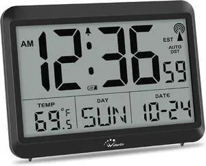 WallarGe Atomic Digital Wall Clock Battery Operated, Self-Setting, Large Display with Temperature, Date, Day of The Week, Silent Wall Mount Digital Clock, 4 Time Zones, DST