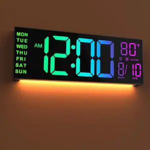 JALL 16" Large Digital Wall Mount Clock, Count Down Timer, Alarm, Big LED, 8 RGB Color, DST, Temperature for Living Room Classroom Desk, Xmas, Birthday Gift for Senior Mom Dad (Black, 16 inches)