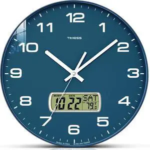 Wall Clock, 12" Dial Non-Ticking Silent Battery Operated Analog with LCD Display for Perpetual Calendar and F° Temperature, Ideal Modern Home, Bedroom, Kitchen, Office Decor (Blue)
