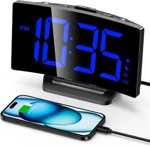 GOLOZA Digital Alarm Clock for Bedrooms, Digital Clock with Modern Curved Design, Conspicuous Blue LED Numbers, 5 Levels Brightness+Off, 2 Volume, 3 Alarm Tones, Snooze, Power-Off Memory, 12/24H