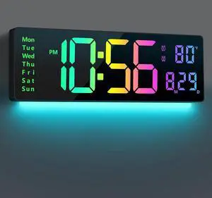 Digital Wall Clock Large Display 16", Digital Clock with 11 RGB Colors Changing Remote Control, LED Clocks with Night Lights for Living Room Bedroom Office Classroom Decor, Auto DST (Multicolor)