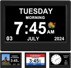 Alarm Clock with Day and Date for Elderly Digital Calendar Clock Photo Frame- Auto Dimmable Display 15 Alarm Options (7inch Black)