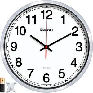 Geevon 12 Inch Atomic Wall Clock - Self-Setting Analog Clock with Automatic Time Sync - Battery Operated for Home Office School - Silver Frame