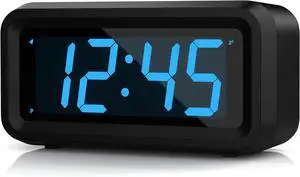 KWANWA Alarm Clock, Digital Clock, Constantly 1.2'' LED Blue Digits Display, Battery Powered, Snooze, Small Wall Clock, Desk Clock, Clock for Bedroom, Alarm Clock for Heavy Sleepers