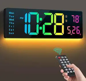 Digital Wall Clock 16", Wall Clocks with 11 RGB Colors, Alarm Clock with Night Lights, Large Digital Clock for Living Room Bedroom Office Classroom Decor, Auto DST, Temperature, Remote Control