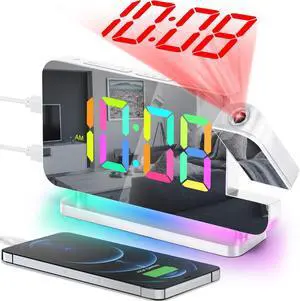 SZELAM Projection Alarm Clock,7.4" LED Mirror Digital Clocks Large Display,with 180° Rotatable Projector,RGB Night Light,USB C Port,Auto Dimming,Modern Desk Clock for Bedroom Decor - White