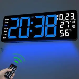 JoFomp 17.3" Large Digital Wall Clock, LED Digital Clock Large Display with Remote Control, Alarm Clock with Temp/DST/Dimmer/Humidity/Timer/Ambient Light - 12/24H, Alarm Wall Clock for Bedroom