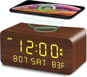 Andoolex Wooden Digital Alarm Clock with Wireless Charging, 0-100% Adjustable Brightness Dimmer and Alarm Volume, Weekday/Weekend Mode, Dual Alarm, Snooze, 12/24H, Wood LED Clock for Bedroom (Brown)
