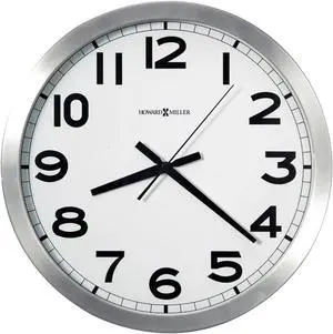 Howard Miller Spokane Modern Wall Clock  Large Brushed Aluminum Frame, White Dial, Silent Quartz, Battery Operated, Easy to Read Black Numerals, Perfect Sleek Decor for Kitchen or Office
