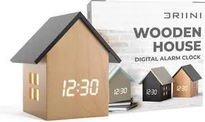 Driini Digital House-Shaped Alarm Clock with Temperature Display (Light Wood)  Modern Aesthetic - Cute Cube Frame and White LED Dimmer - Perfect Small Desk Clock for Bedside Table or Bedroom Mantle
