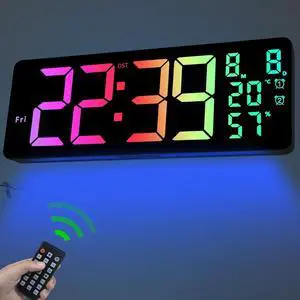 JoFomp 17.3" Large Digital Wall Clock, LED Digital Clock Large Display with Remote Control, Alarm Clock with Temp/DST/Dimmer/Humidity/Timer/Ambient Light - 12/24H, Alarm Wall Clock for Bedroom
