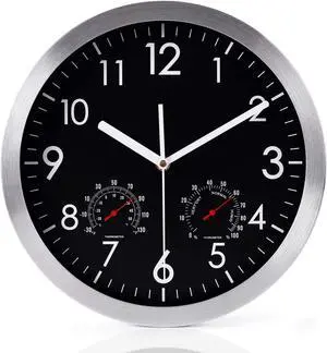WOOPHEN 12 Inch Silent Non Ticking Wall Clock Sweep Movement Silver Aluminum Frame Glass Cover, for Office, Home, Bathroom, Kitchen, Bedroom, School, Living Room (Black)