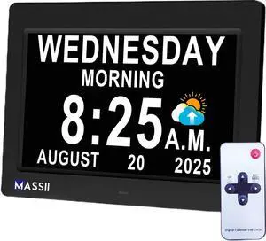MASSII Digital Clock Voice-Talking Date and Time, 20 Alarms Custom Reminder, Large Numbers, Auto DST, Night Dimmer, Sleep Trainer Calendar Clock for Dementia, with 1.5M Adaptor