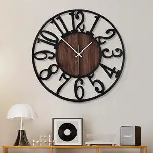 1st owned Large Wall Clock for Living Room Decor- 20" Decorative Antique Silent Non Ticking,Battery Operated,Black Metal,Wood Clocks for Farmhouse,Dining Room,Bedroom,Kitchen - Arabic Numerals