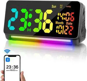 Samshow 120db Super Loud Alarm Clock Heavy Sleepers Adults, Loud Alarm Clock Bluetooth Sync Time,15 Wake Up Sounds, 7 Color Night Light, Dynamic RGB Color, 0-100% Dimmer, Snooze,DST, LED Dispay