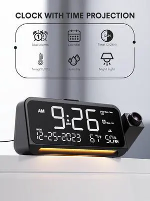 Projection Alarm Clock for Bedroom, Digital Clock with Projection on Ceiling with Night Light, Date, Temperature, Humidity, Type-C USB Charger, Snooze, Dual Alarms, Dimmer,12/24H