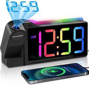 Peakeep Projection Alarm Clock for Bedroom Ceiling, Loud for Heavy Sleepers, RGB Nightlight, Multi-Color Large Display 5 Brightness Dimmer, Plug in Bedside Electric LED Digital Clock with USB Port