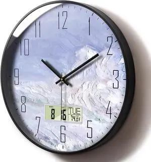 Digital Wall Clock Battery Operated with Day and Date Temperature Blue White Wave Calendar Clock with Large Display Silent for Room Bathroom Bedroom Living Room Farmhouse Decor 12 Inch