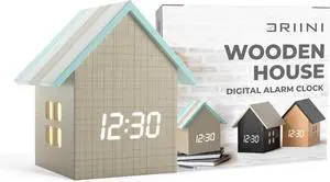 Driini Digital House Shaped Alarm Clock with Temperature Display (Stripe Wood)  Modern Aesthetic - Cute Cube Frame and White LED Dimmer - Perfect Small Desk Clock for Bedside Table or Bedroom Mantle