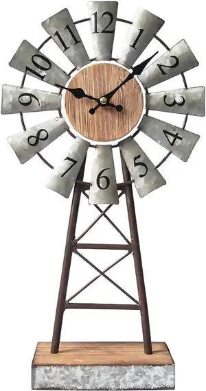 MODE HOME Farmhouse Windmill Desk Clock - 15.75 Inch Galvanized Metal Table Clock with Blades, Small Decorative Office Clock, Battery Operated Rustic Farmhouse Clock for Tabletop & Shelf Decor