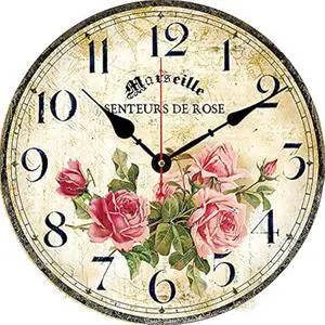 Vintage French Floral Wall Clock with Pink Rose Pattern Small Round Silent Non-Ticking Quartz Movement 8 inches Wall Clocks Battery Operated Home Flower Decorative for Bedroom,Living Room