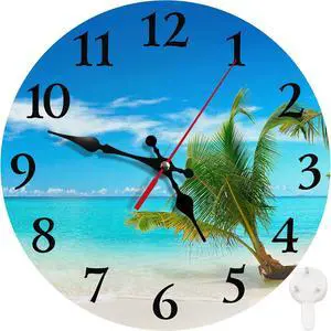 Britimes Round Wall Clock Silent Non-Ticking Battery Operated Clock 10 Inch, Turquoise Ocean Blue Beach Sand Home Decor for Living Room, Bathroom, Bedroom, Kitchen, Office and School