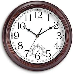 14 Inch Outdoor Wall Clock with Thermometers, Vintage Silent Wall Clocks Battery Operated, Retro Non-Ticking Clock Decorative for Living Room, Patio, Kitchen, Office, Bathroom, Bedroom(Bronze)