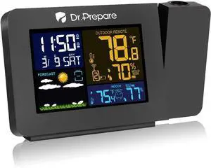 DR.PREPARE Projection Alarm Clock, Indoor Outdoor Temperature Display, Dual Alarms, Snooze, Weather Forecast, Digital Clock Projector for Bedroom