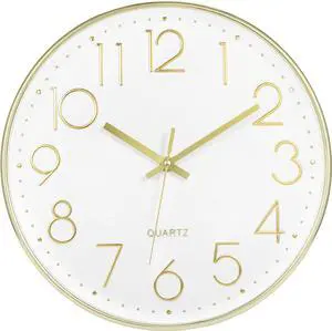 Foxtop Gold Wall Clock 12 Inch Silent Non-Ticking Battery Operated Round Modern Wall Clock for Living Room Bedroom Kitchen Home Office Decor