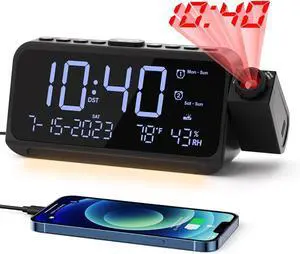 ROCAM Projection Alarm Clock, Digital Clock with 180° Projector on Ceiling Wall, Dual Loud Alarm Clocks for bedrooms with Weekday/Weekend Mode,2 USB Ports, Dimmer, Temp, Humidity, Night Light, Snooze