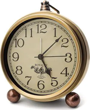 Maxspace Metal Golden Table Clock, Retro Vintage Non-Ticking Small Alarm Clock,Battery Operated Silent Quartz Movement HD Glass Desk Clock for Bedroom Living Room Indoor Decoration Kids (Arabic2)