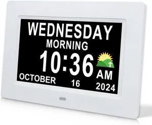 Digital Calendar Dementia Alarm Clock with Day and Date for Elderly - 15 Alarms 5 Colors Display Digital Clock Large Display Alzheimers Large Digital Clock for Seniors (7in White)