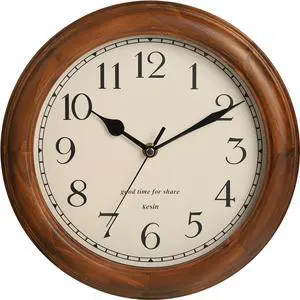 Wooden Wall Clock with Retro Design, 11 Inches Round Wall Clocks Battery Operated Silent Non-Ticking, Big Arabic Numerals, for Kitchen Living Room Classroom Gym and Pool, Brown