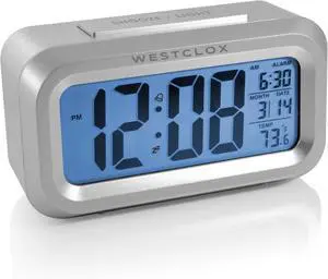 Westclox Alarm Clock with Large Digital Display and Blue Backlight on Demand, Westclox Alarm Clock, Month/Date and Temperature Display with Ascending 5 Minute Snooze Alarm, Silver Westclox Alarm Clock with Large Digital Display and Blue Backlight on Demand, Westclox Alarm Clock, Month/Date and Temperature Display with Ascending 5 Minute Snooze Alarm, Silver