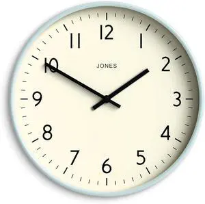 JONES CLOCKS® Studio Wall Clock | Modern Round Clock | 12 inch | Pale Blue | Easy to Read Numbers | Versatile Design for Kitchen, Living Room or Office