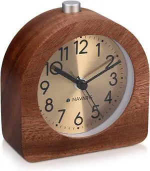 Navaris Wood Analog Alarm Clock - Half-Round Gold Face Battery-Operated Non-Ticking Clock with Snooze Button and Light - Dark Brown