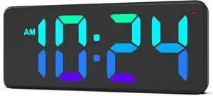 LED Digital Wall Clock with Dynamic RGB Display, Big Digits, Auto-Brightness, 12/24Hr Format, Modern Electric Small Silent Wall Clock for Living Room, Bedroom, Classroom, Farmhouse, Kitchen, Office