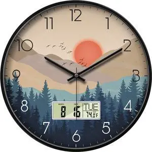 Silent Wall Clock with Day Week Temperature Wilderness with Sunset Non-ticking Battery Operated Large Digital Modern Clocks Display with Calendar and Date for Kitchen Farmhouse Bathroom Office 14 Inch